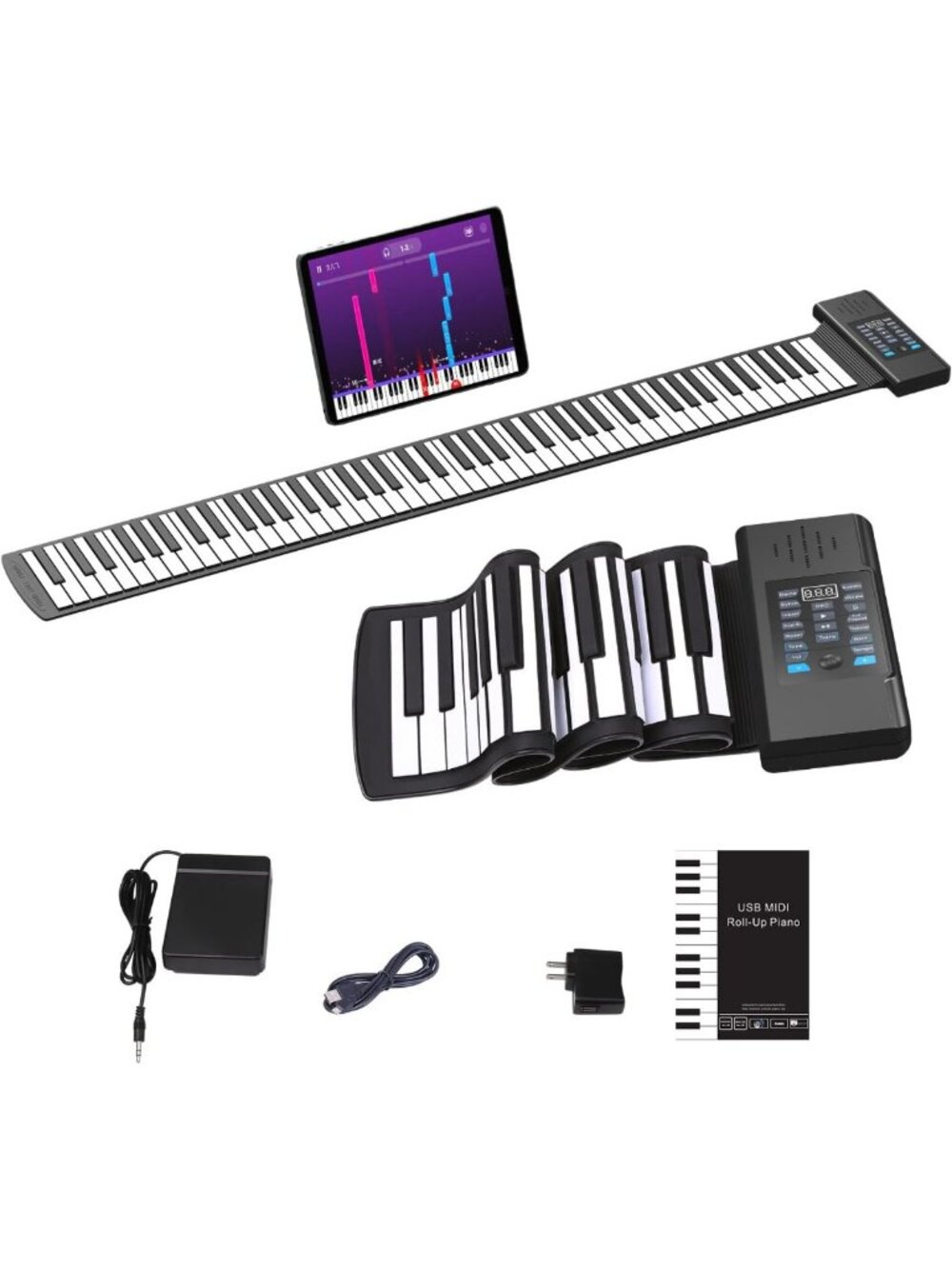 Portable Roll Up Piano Keyboard, 88 Keys, Rechargeable, 128 Rhythms & Tones, LED
